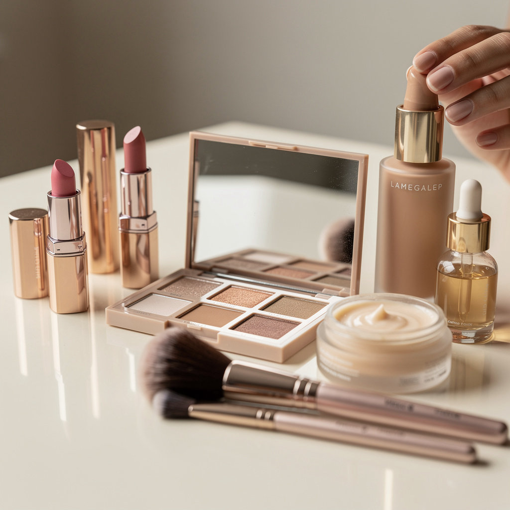 Cosmetic World Shop San Diego product categories display featuring makeup, skincare, and beauty tools